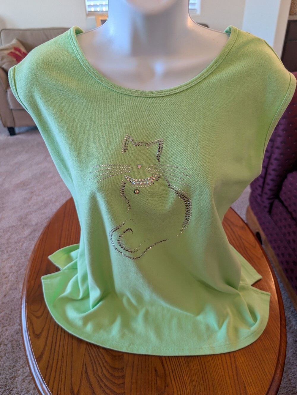Christine Alexander Rhinestone Cat Graphic Sleeveless Top - Light Green, Size 1X